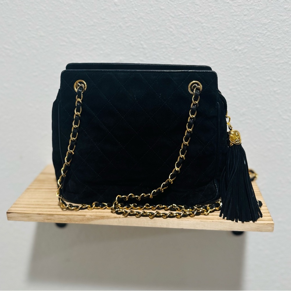 CHANEL Matasse Suede Leather Chain Shoulder Bag Fringe Black